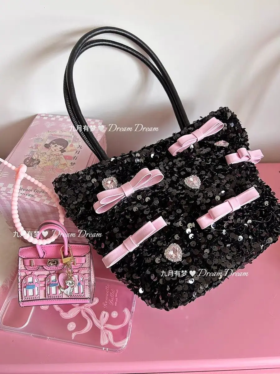 JIAERDI Beading Y2k Bucket Bag Purse Women Fairycore Aesthetic Shining Handle Bow Black Messenger Bag Female Sweet Cute Hand Bag