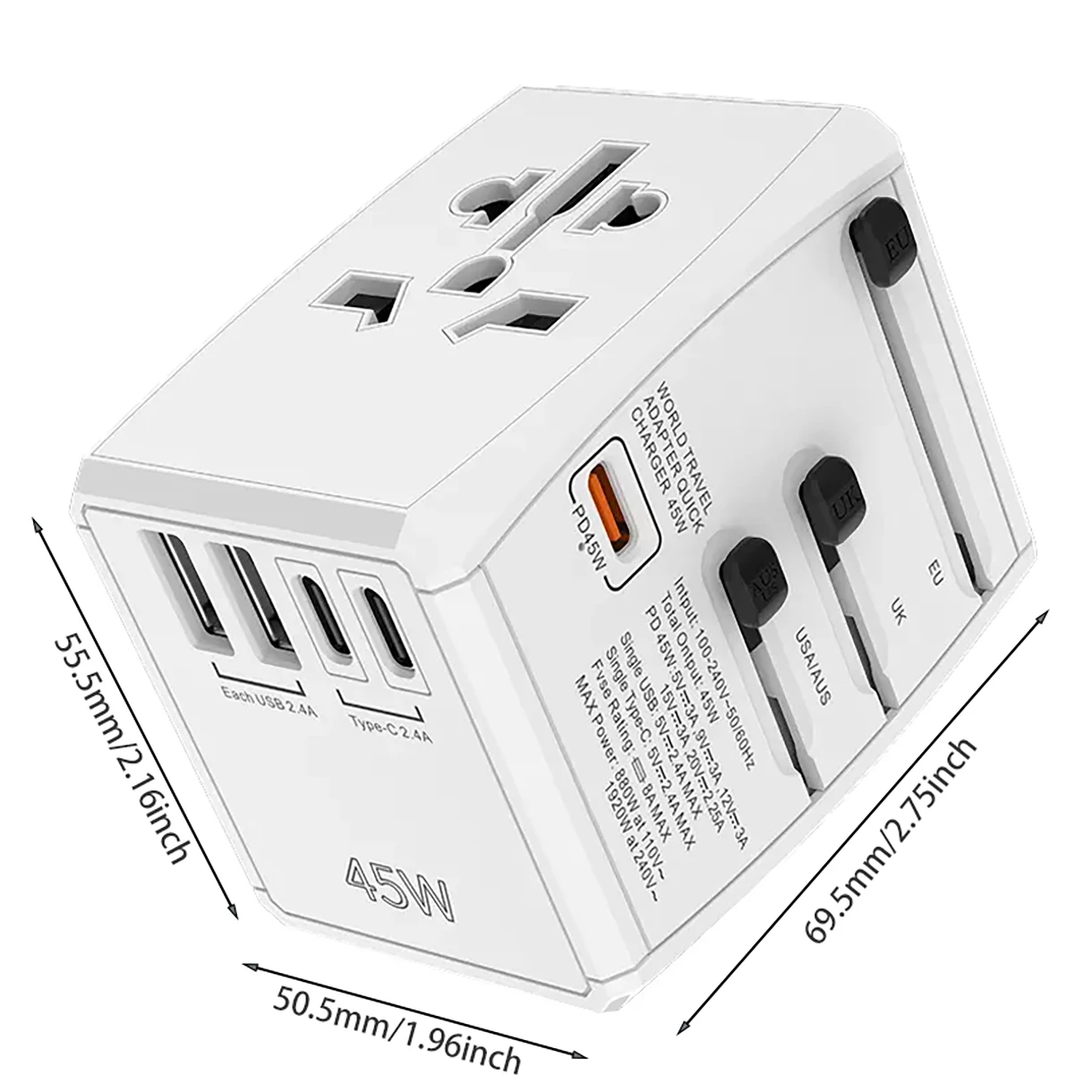 Global Power Connect: 45W GaN Multi-Port Travel Adapter with Interchangeable Plugs and Fast Charging USB Ports