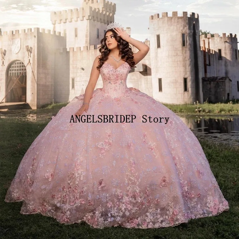 ANGELSBRIDEP Pink Shiny Quinceanera Dressess Applique Lace Beads Tull Corset Prom Sweet 16 vestido 15 quincea&ntilde;eras Customized