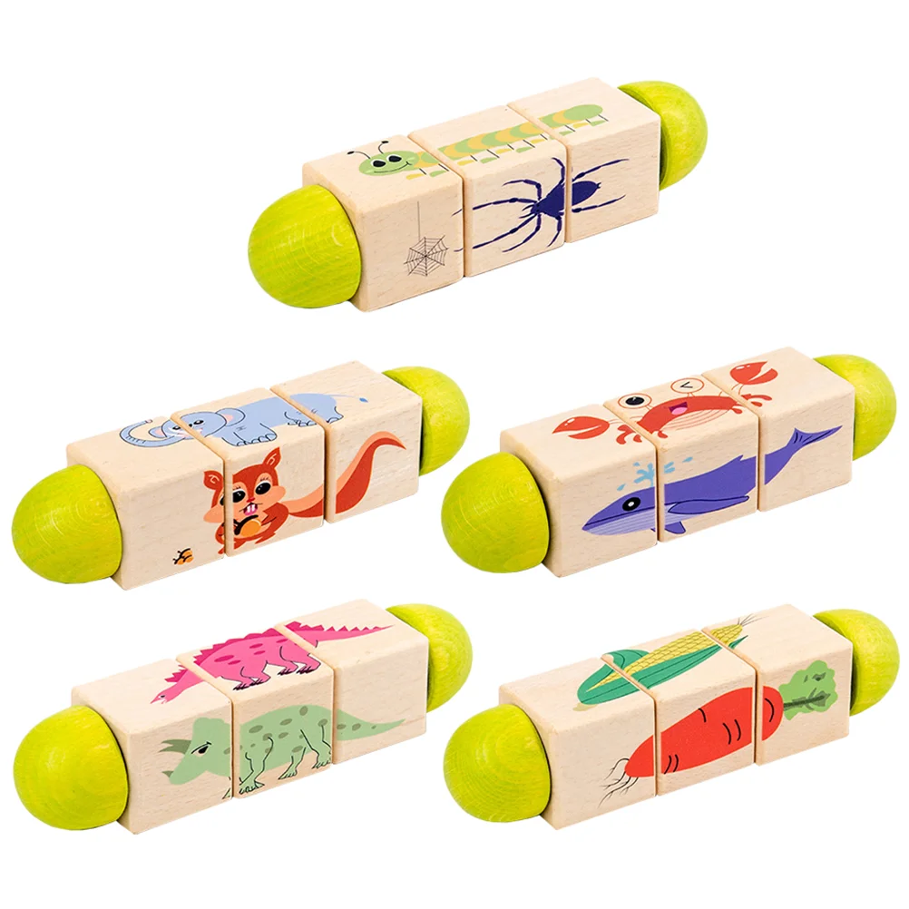 

5 Pcs Rotating Block Puzzle Toy Animal Blocks Funny Children Plaything Wood Educational Infant Twerking Toys