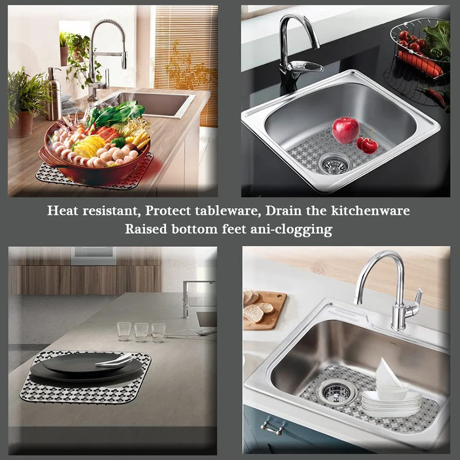 Gray Non-Slip Sink Protector Mat With Drain Hole Kitchen Sink Mats