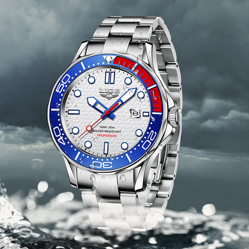 LIGE Fashion Men Watch Casual Sport Waterproof Men's Quartz Wristwatches Top Brand Luxury 360° Rotating Bezel Design Watch Men