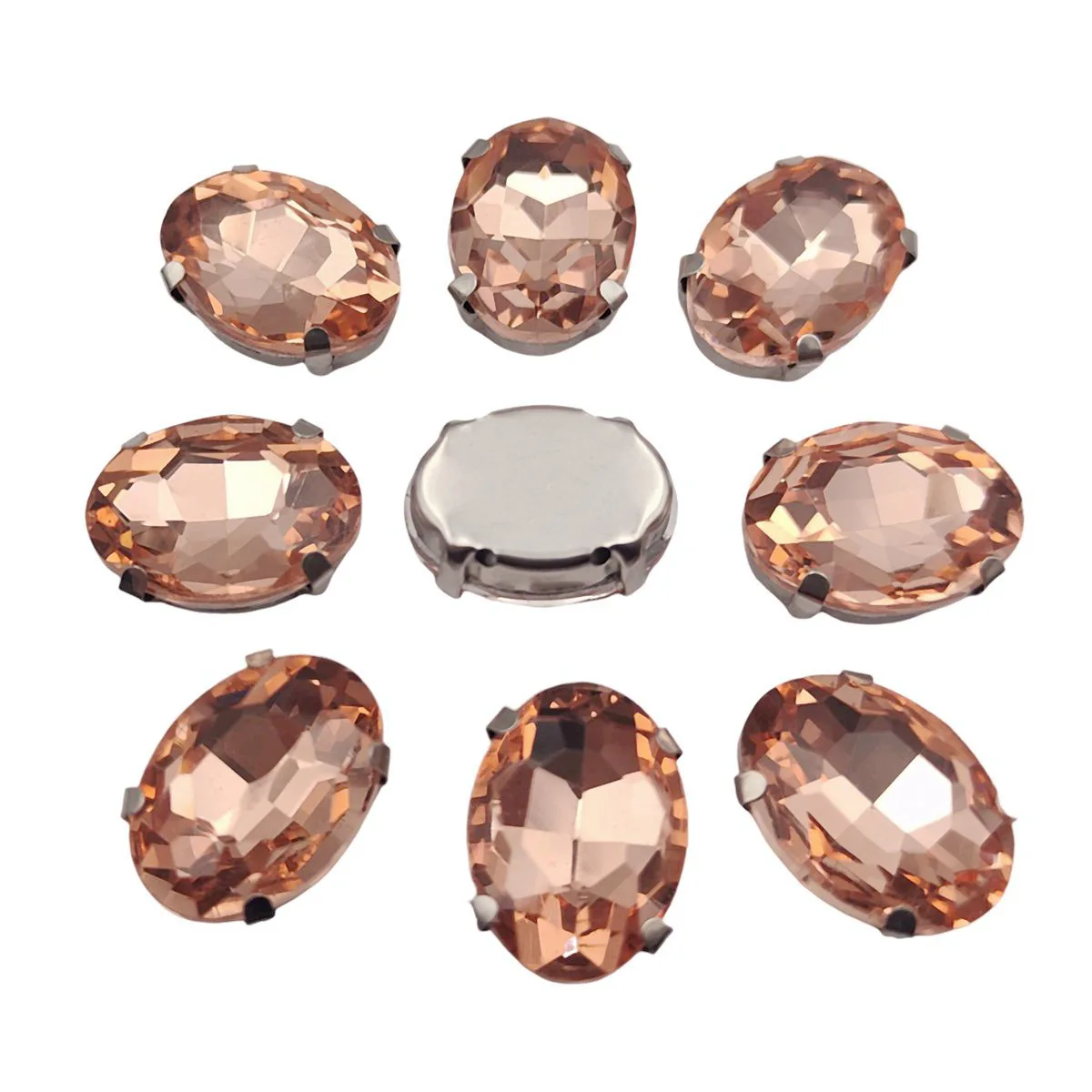 Oval Glass Rhinestones with Claw Setting on Silver Metal Base