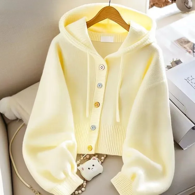 Yellow Loose Lazy Style Versatile New Autumn Women's Knitted Cardigan Top New Sense Hoodie Sweater Jacket Fashionable Outerwear - Image 2