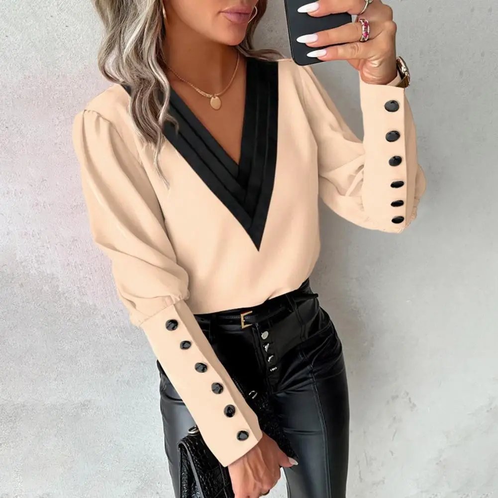 

V-neck Top V Neck Button Decor Long Sleeve Contrast Color Soft Patchwork Pullover Women's Fall Spring Shirt for Ol Commute Style