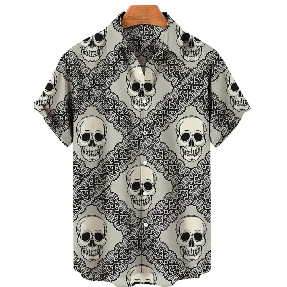 

2024 Summer Trendy Men's Hawaiian Shirt Casual Loose Horror 3D Skull Printing Loose Oversized Lapel Shirt Tops Men Clothing