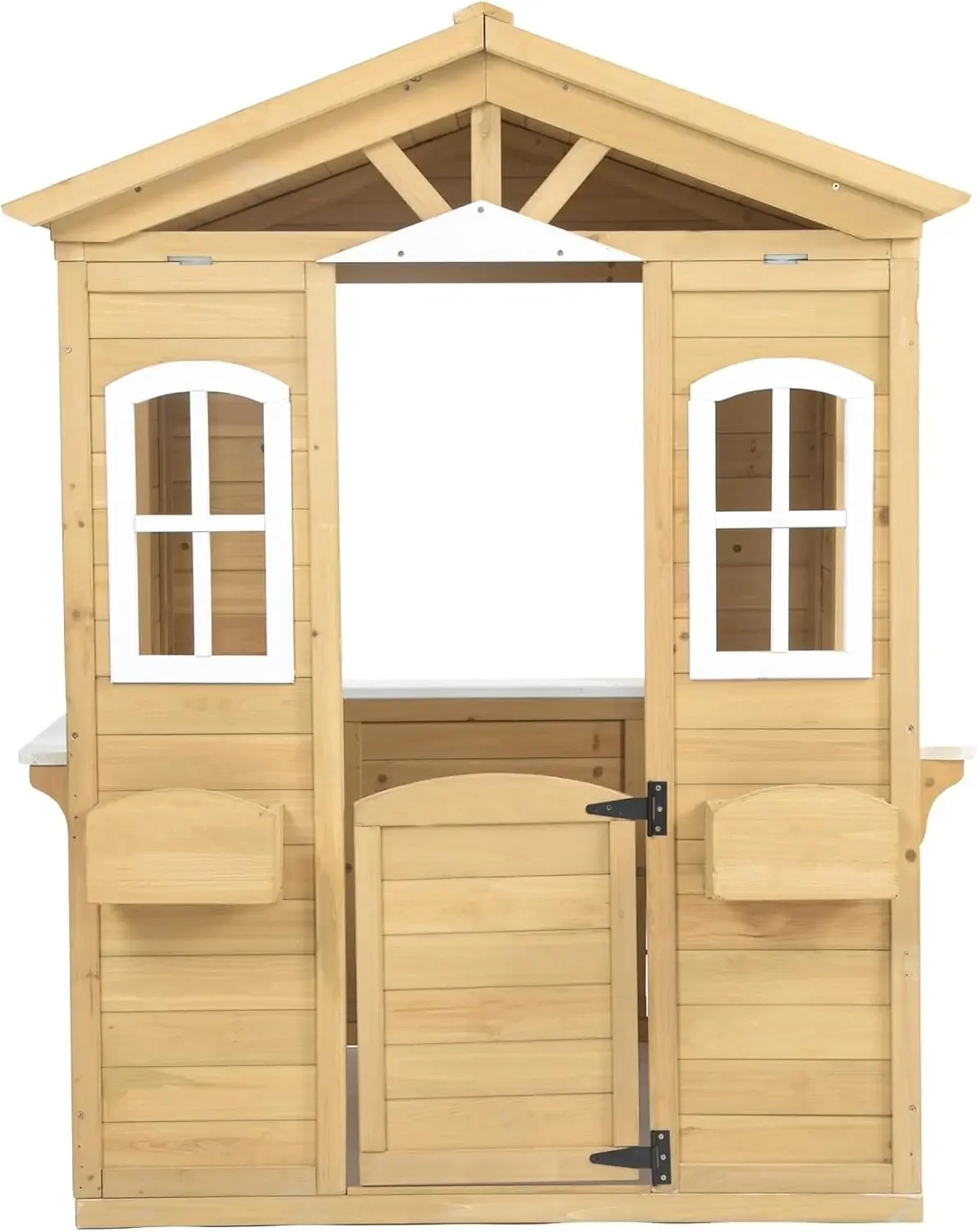 Wooden Playhouse for Kids Outdoor,Kids Playhouse with Working Door, Windows, Mailbox,Flowers Pot Holder & Serving Station,
