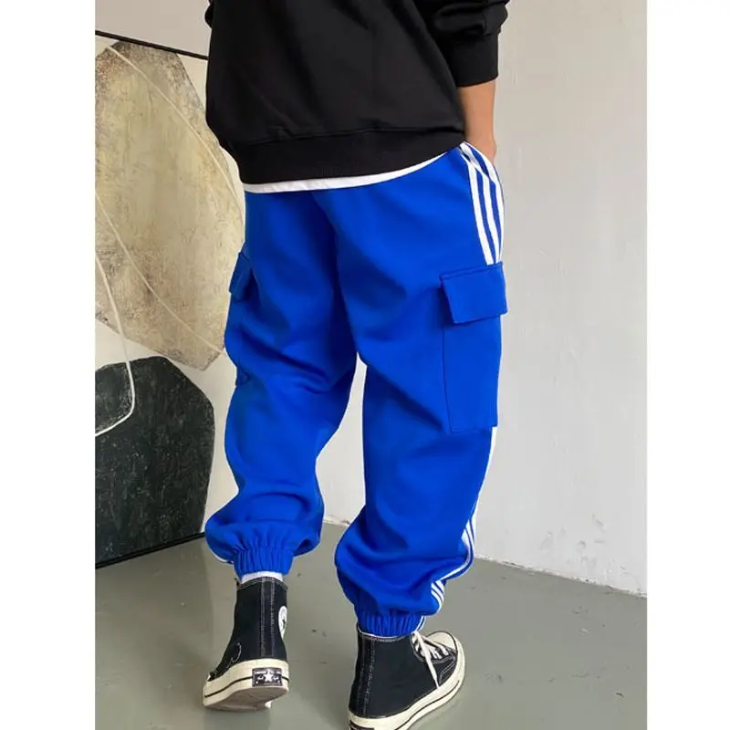Men's Autumn and Winter Korean Patchwork Striped Pocket Loose Straight Haren Sports Drawstring Elastic High-waisted Casual Pants