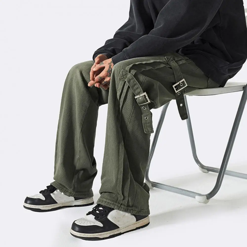 

Male Long Casual Pants Stylish Men's Mid-rise Cargo Pants with Side Buckle Design Straight Wide Leg Trousers for Long-lasting