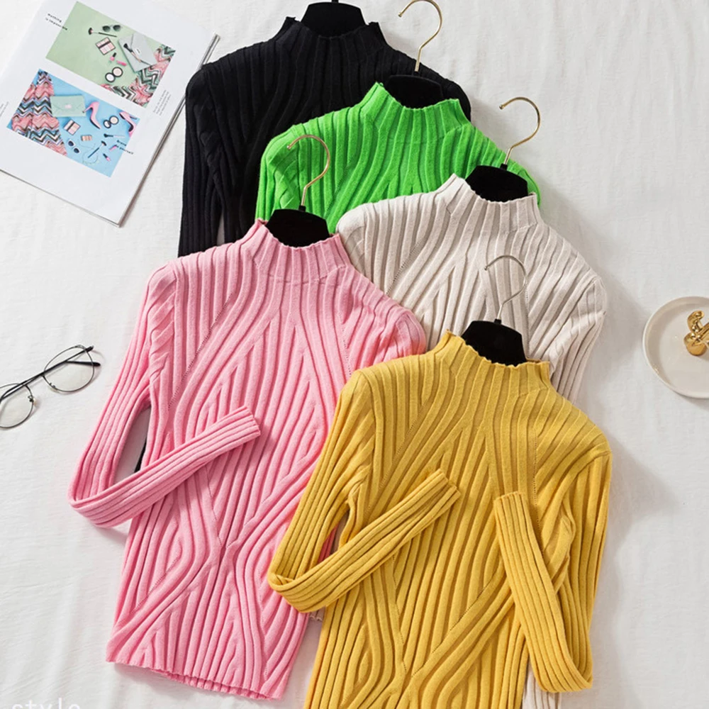 

New Winter Women Jumper Sweater Tops Pullover Solid Knitted Women Half Turtleneck Solid Slim Sweater Elastic Streetwear