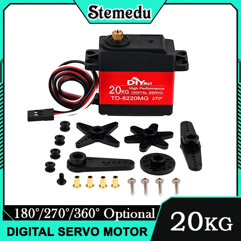Servo numérique 20kg haute précision pour RC, vue de côté montrant les engrenages métal et le boîtier noir.