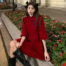 

Chic Street Long Dress Style Plus Korean Design Stylish Vintage Mini Solid Sleeve Cheongsam Size 5XL High Sweet Mandarin Collar
