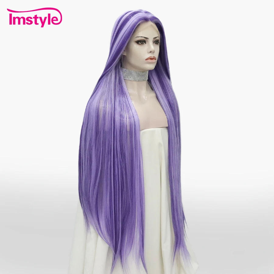 Imstyle 44'' Synthetic Lace Front Wig Super Long Wigs For Women Purple Highlight Wig Straight Cosplay Heat Resistant Fiber