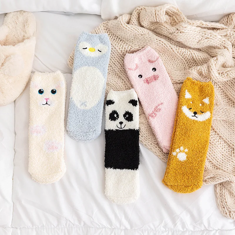 

Women Cartoon Plush Coral Socks Sweet Home Cute Rabbit Sheep Fox Bear Patterned Female Ladies Warm Floor Sleep Sock