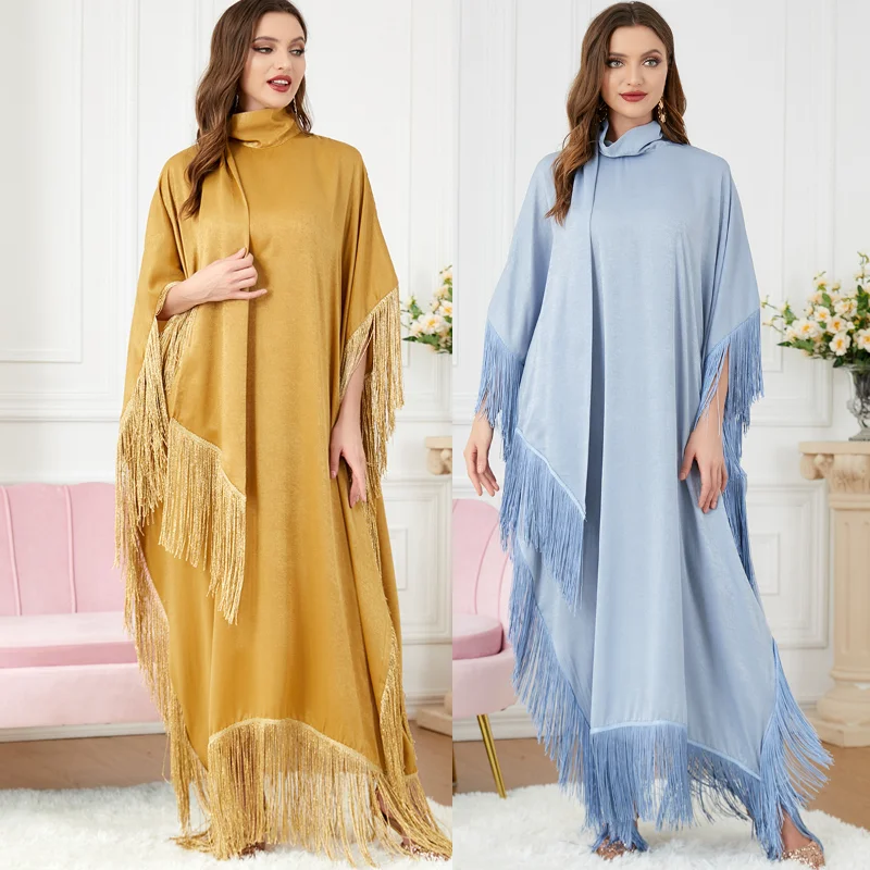 

2023 Spring Summer Muslim Women Long Sleeve Polyester Tassel O-neck Long Dresses Muslim Fashion Abaya Maxi Dress Muslim Dress