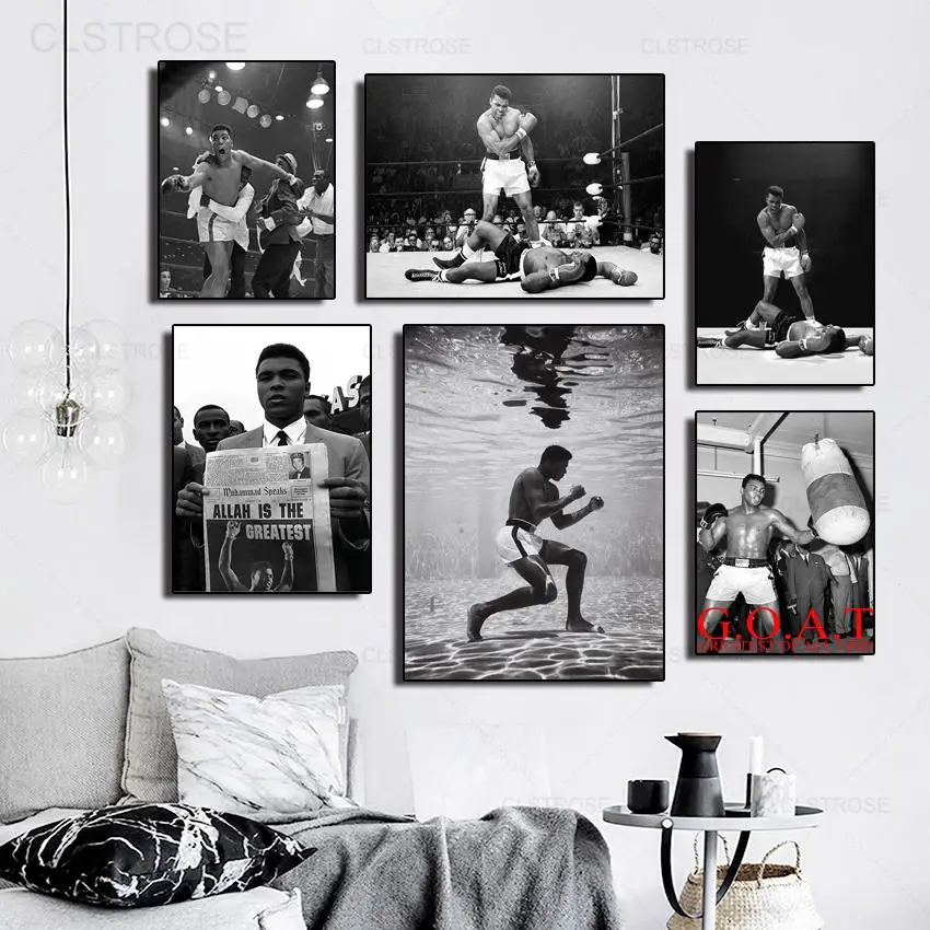 Famous Boxer Inspirational Wall Art Poster Vintage Muhammad Ali Canvas Painting Black and White Pictures for Living Room Decor