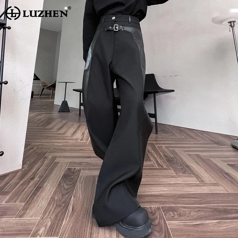 

LUZHEN Men's 2024 Fashion High Street Casual Pants Pu Leather Patchwork Original Design Loose Korean Trendy Male Trousers 08e4b5