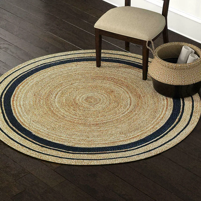 

Jute Rug Black Line Round Handmade Carpet Reversible Braided Modern Rustic Look Carpets for Living Room Home Bedroom Decoration
