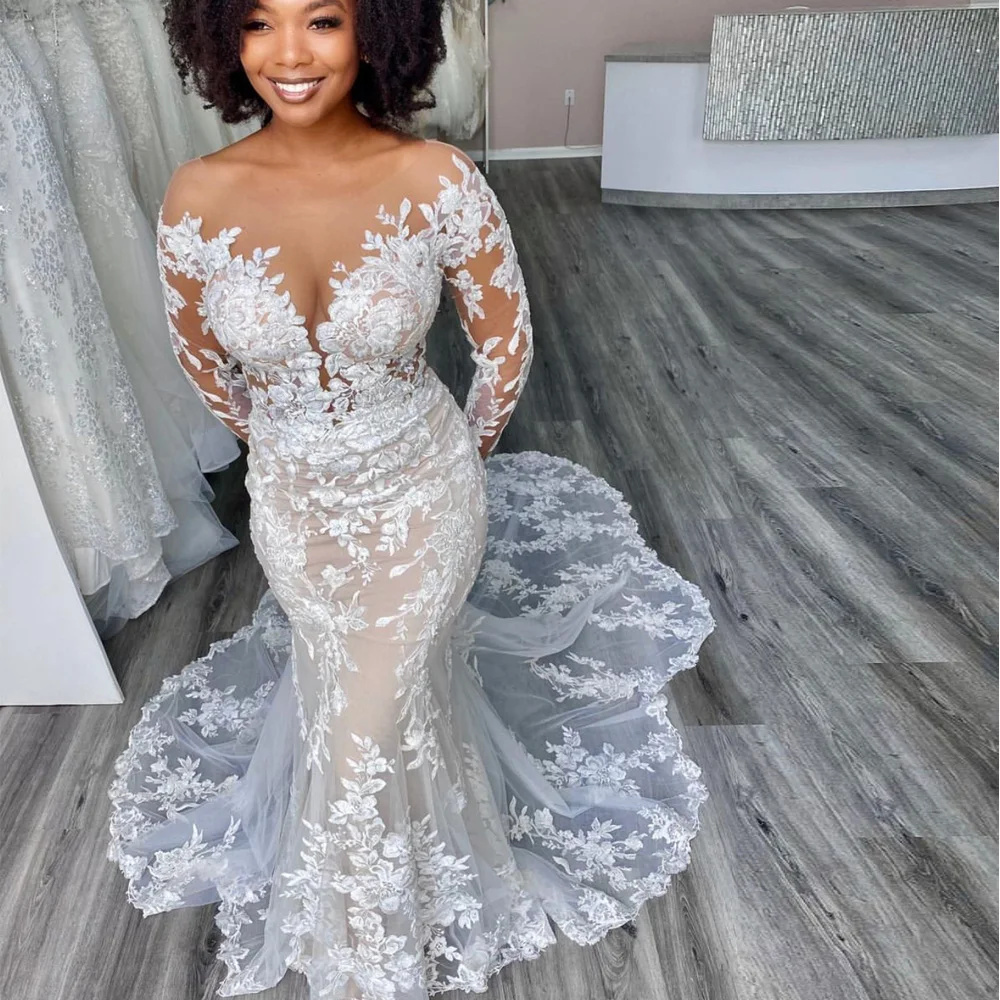 Gorgeous Sheer Neck Half Sleeves Lace Appliques Mermaid Long Wedding Dress UQ2484 main image 1