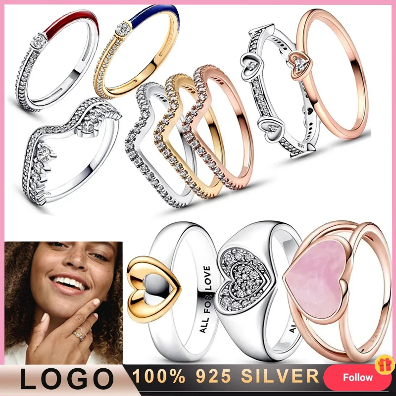 New Women's 925 Silver Original Logo Two Tone Sliding Heart Light Luxury Shining Wave Logo Ring Fashion DIY Charm Jewelry Gift