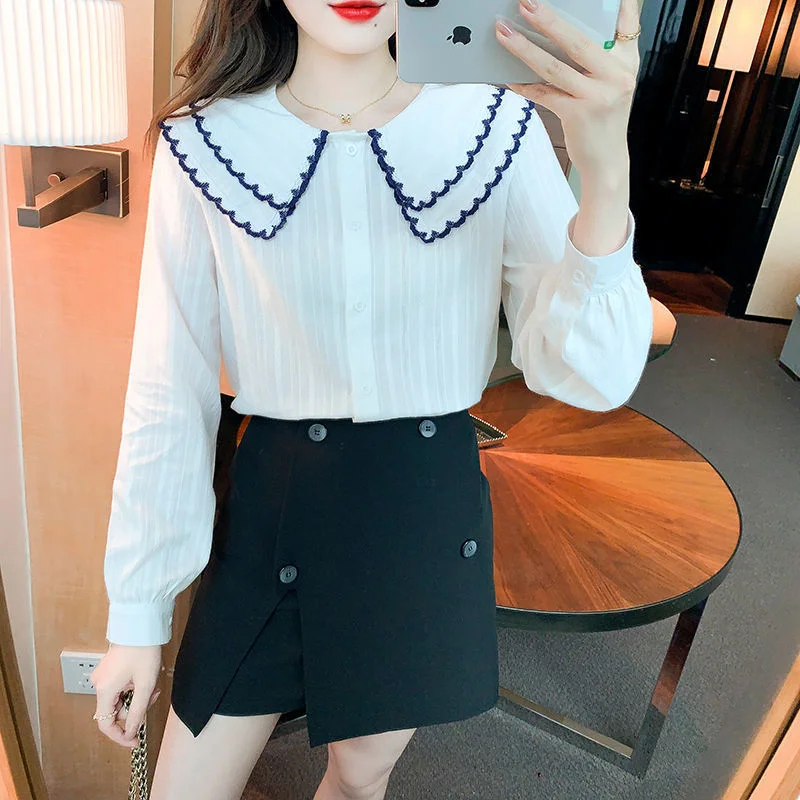

Long-Sleeved Sweet Shirt Blusas Femininas Com Frete Gratis 2023 Spring Autumn New Double Doll Collar Chiffon Shirt Women's