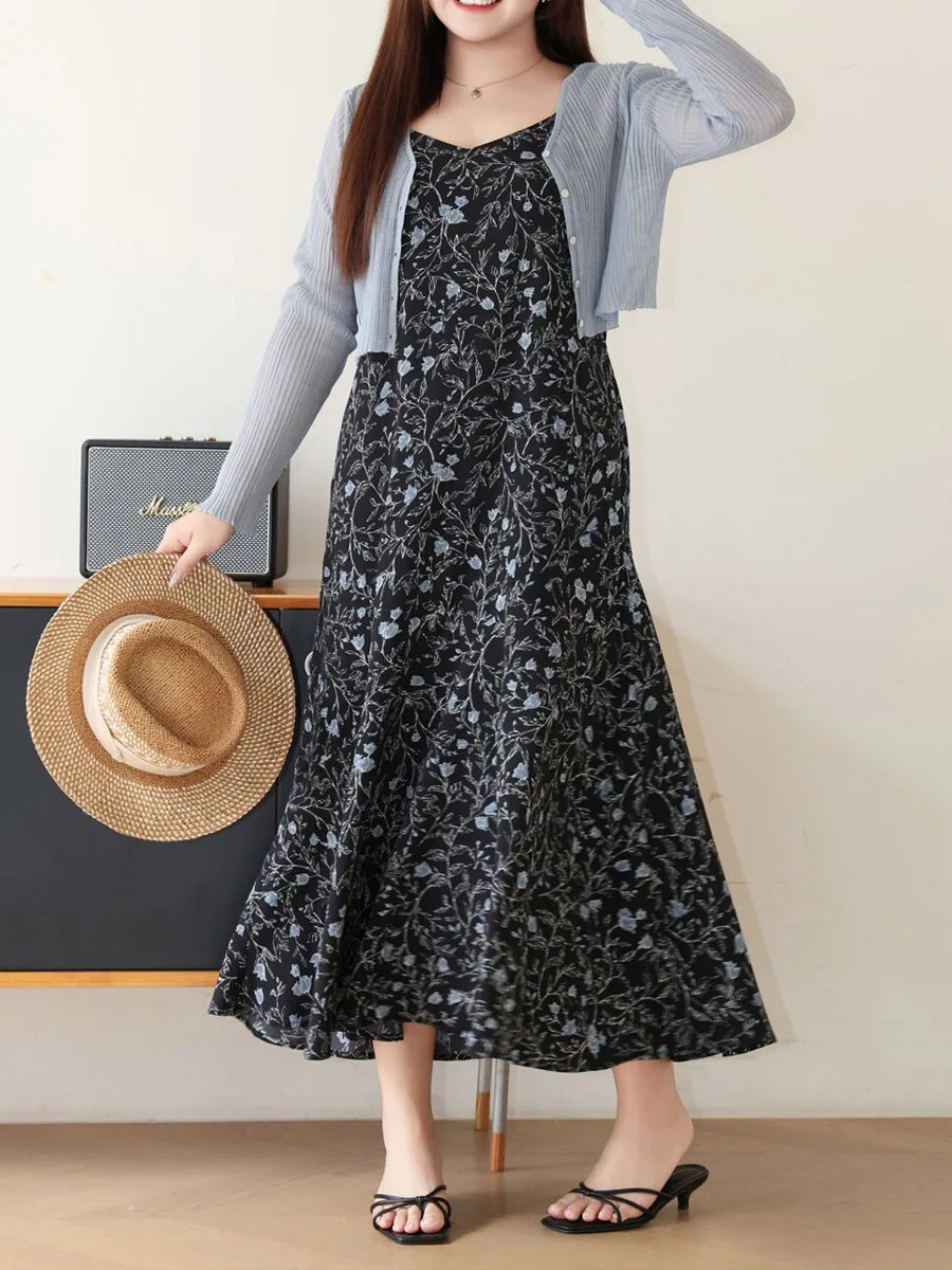 Bluebell Flower French Commuter V-neck Dress Plus Size Women Premium Simple And Elegant Chic Spaghetti Strap A-Line Dresses 8975