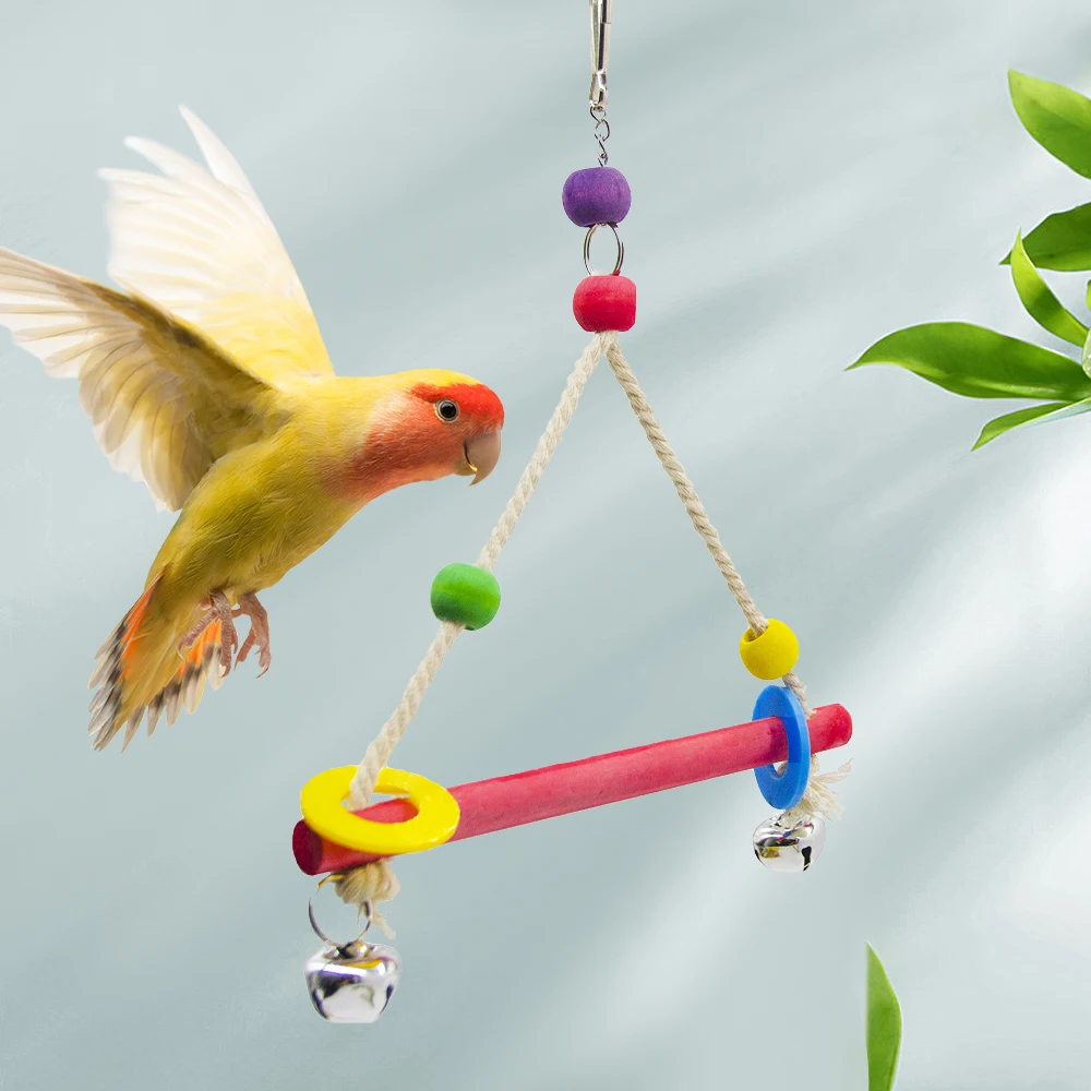 1pc Random Color Wood Parrot Swing Toy with Bell Triangular Perch Stand Hanging Chew Toy for Pet Bird Parrot Cage Decor Supplies