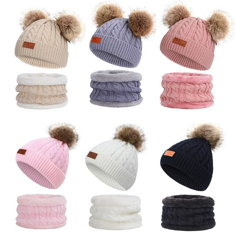 2Pcs/set Winter Baby Hat Scarf Solid Color Toddler Bonnet Cute Pompom Knitted Infant Hats Outdoor Warm Kids Accessories 1-5Y