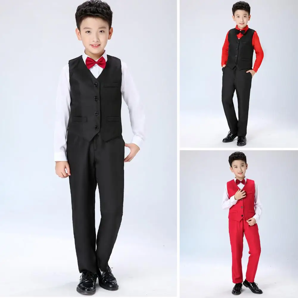 

Kids Polyester Suit Boys Formal Suit Set for Poetry Reciting Contest Turn-down Collar Shirt Vest Pants Bow-tie for Toddlers Kids