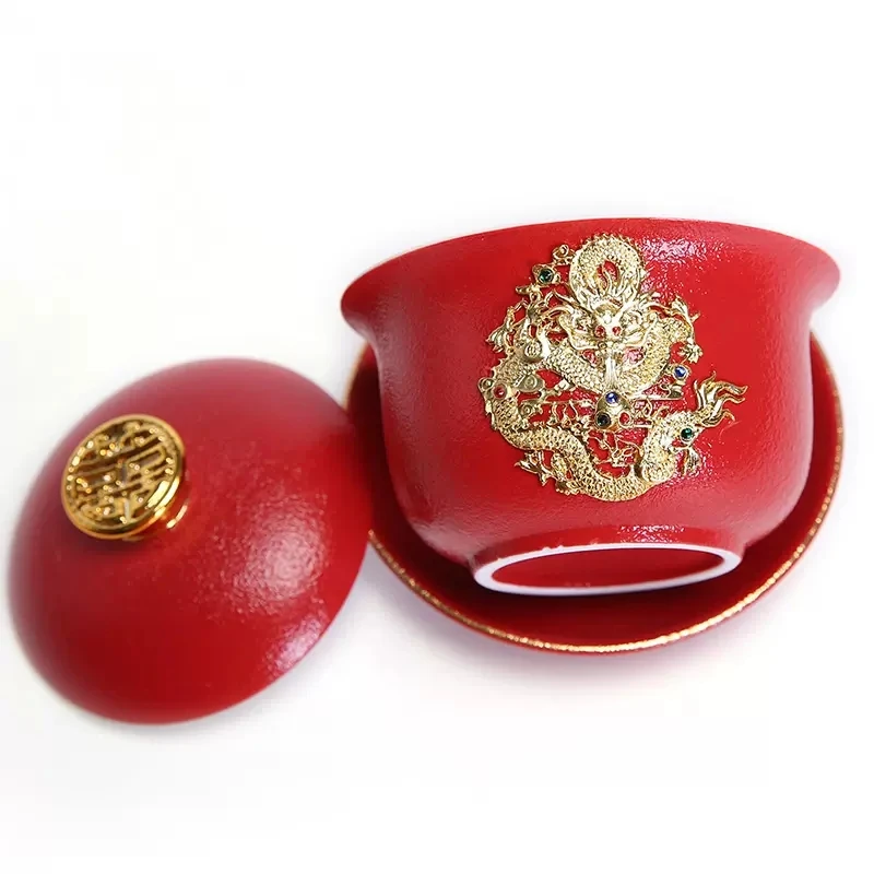 Jing Cha Cup-Ceramic Mouth Modification Set, Red Tea Cup, High Grade Cover Bowl, Wedding Pair, Newly Married