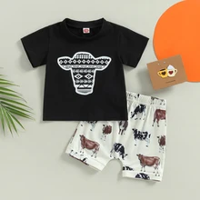 Lioraitiin 0-24M Infant Baby Boys 2Pcs Summer Outfit Sets Black Short Sleeve O Neck Tops Cattle Head Print Shorts
