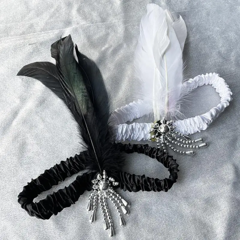Women's Black Hair Accessories Beaded Hair Band 1920s Retro Gatsby Single Party Ladies Headwear Dress UP Feather Headband