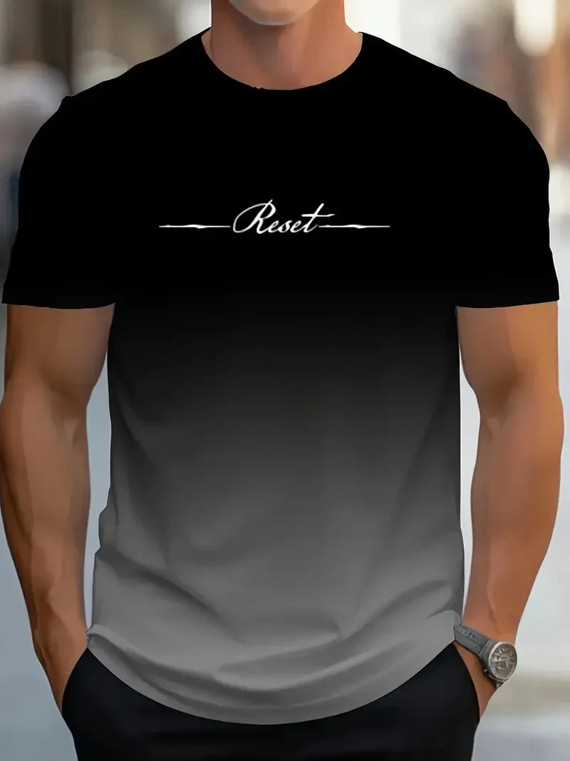 Men's Gradient Reset Letter 3D Printed T-shirt Summer Outdoor Casual Sports Quick Drying Short Sleeve Top Plus Size Men Clothing 2