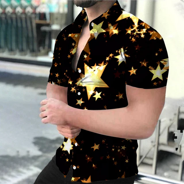 Summer Fashion Men's Social shirts Turn-down Collar Buttoned Shirt Casual Starry Sky Print Short Sleeve Tops Mens Clothing S-4XL DX-1446