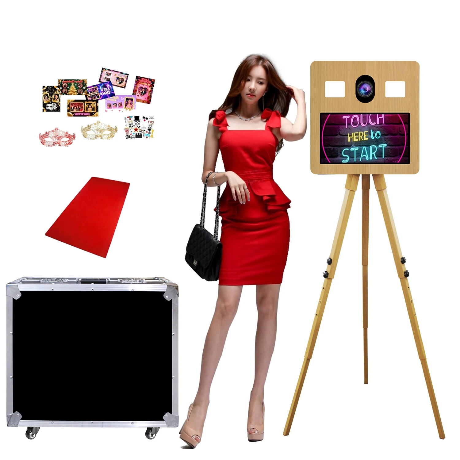 DSLR 삼각대 포토 부스 머신, 나무결 무늬 셀카, 15.6인치 터치스크린, 매..