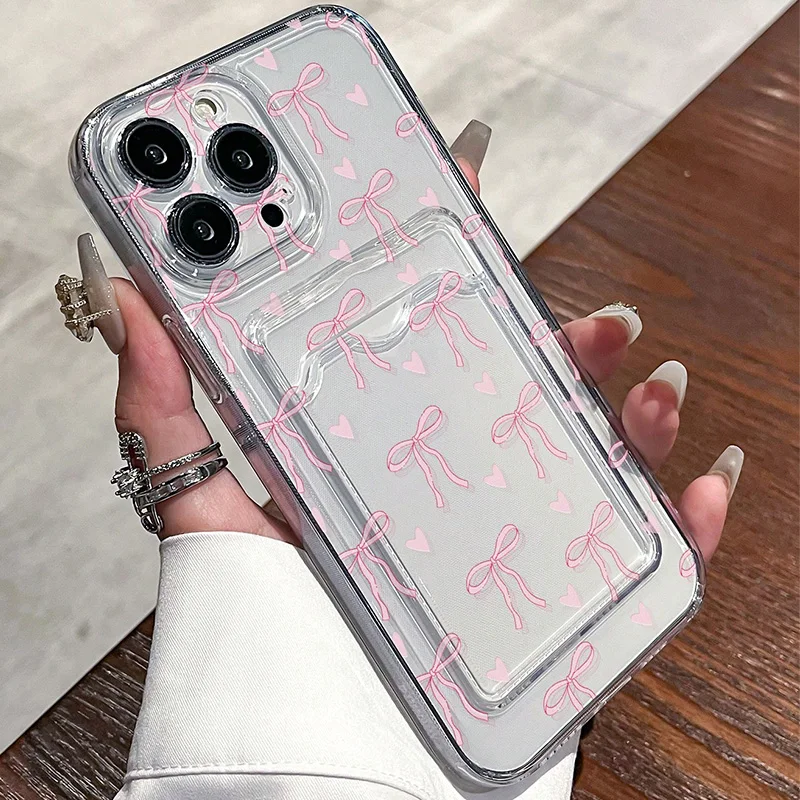 iPhone Case Transparent Card Slot Bag Holder Wallet With Bow Print Cover For iPhone 16 15 14 Pro Max 13 12 11 XS X XR 7 8 Plus SE