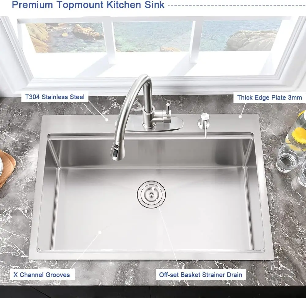USA 25 Inch Drop In Kitchen Sink Workstation 25x20x10 Stainless Steel Overmount Kitchen Sink 10 Inch Deep Sink w/Cutting Board 3