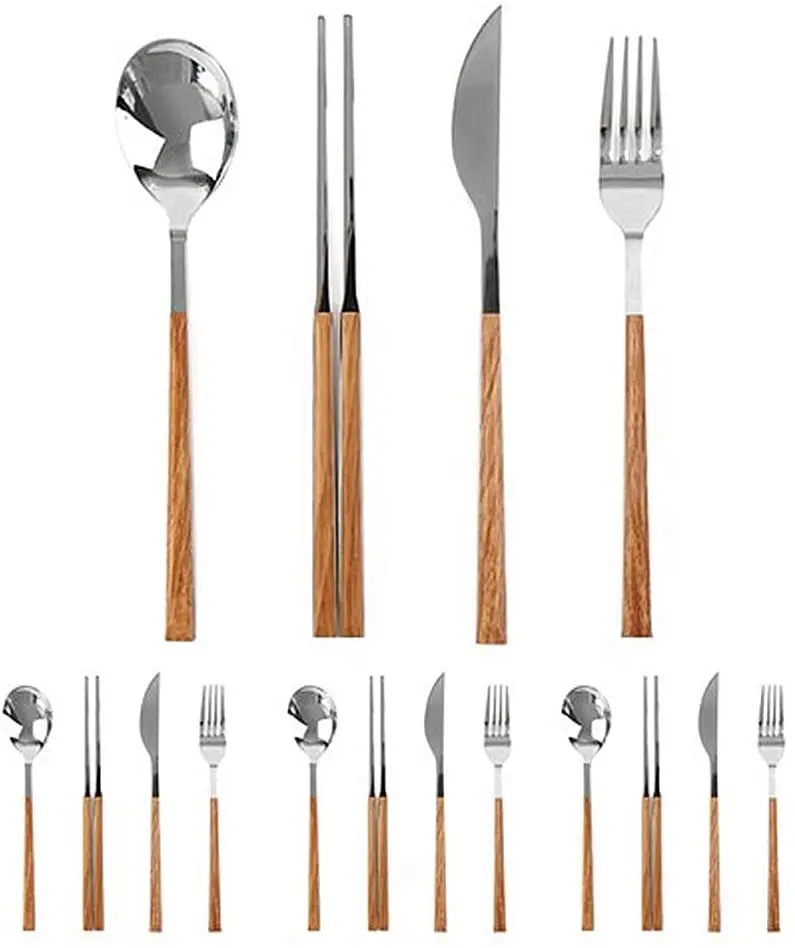 16piece Imitation Wooden Cutlery Set Korean Food Knife fork Spoon Chopsticks Wood Dinnerware Sets Tableware Cutleries
