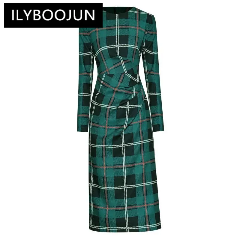 

ILYBOOJUN Fashion Runway dress Spring Women Dress Long Sleeve Green Plaid Print Slim Lady Office Sheath Pencil Dress