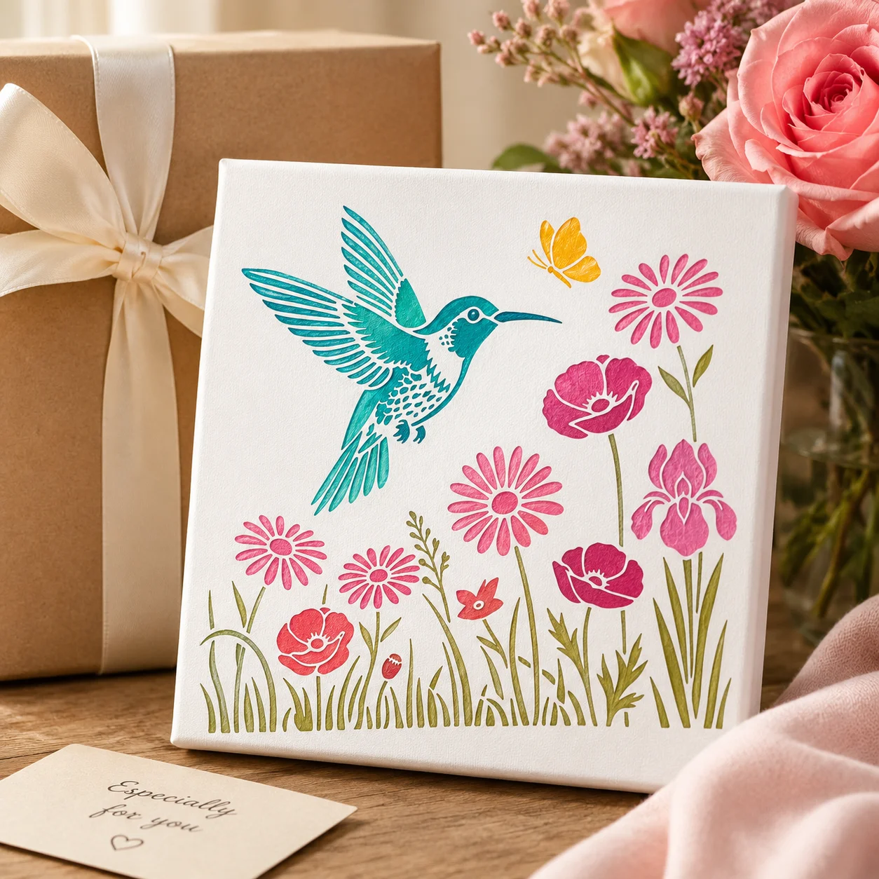 벌새 꽃 스텐실 페인팅 키트, DIY 공예용 페인트, 브러쉬 및 팔레트가 포함된 4개 5.9인치 재사용 가능한 PET 템플릿