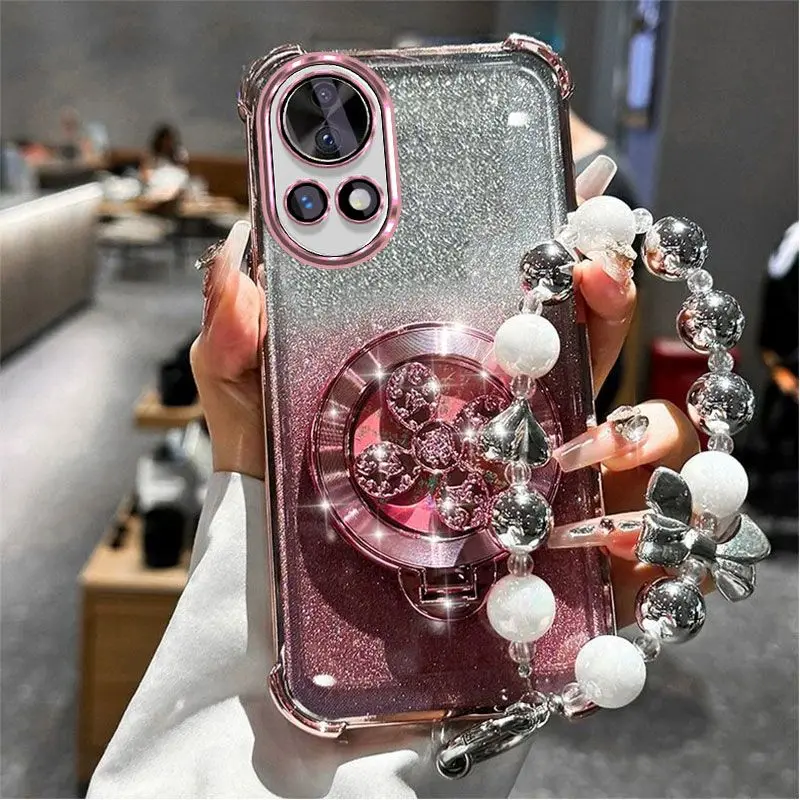 Gradient Glitter Electroplated Phone Case with Hand Strap Holder
