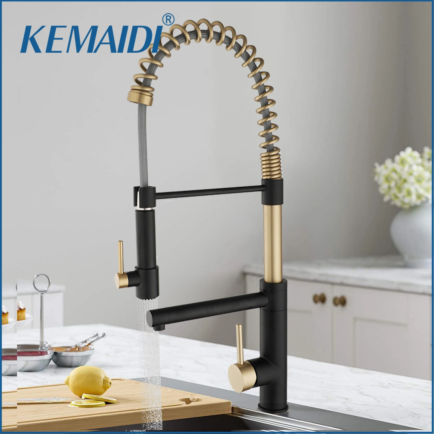 KEMAIDI Black&Brush Gold Gourmet Kitchen Spring Faucets Kitchen Sink Faucet Hot Cold Water Mixer 360 Degree Rotation Tap