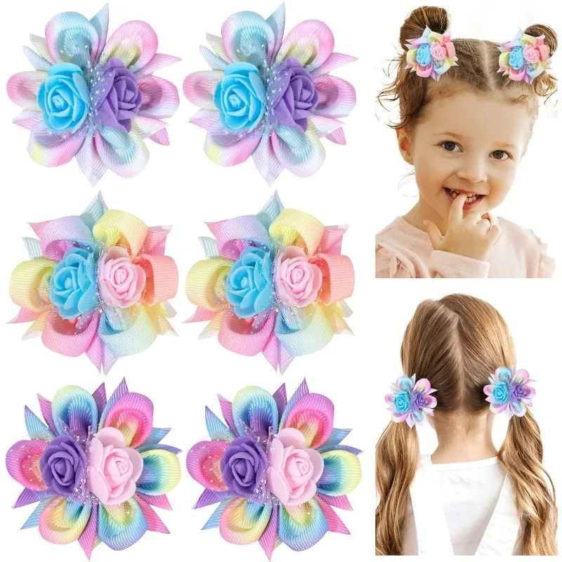 1 Paar Haarspangen mit Farbverlauf für Mädchen, Regenbogen-Blumen, dreidimensionaler Stoff-Haarschmuck, niedliche Seitenklammern, Kinder-Haarspange