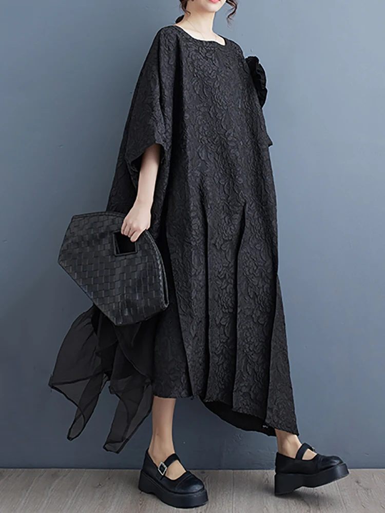 Female Evening Dress Gauze Patchwork Batwing Sleeve Dresses Asymmetrical Solid Color Loose Dress Spring