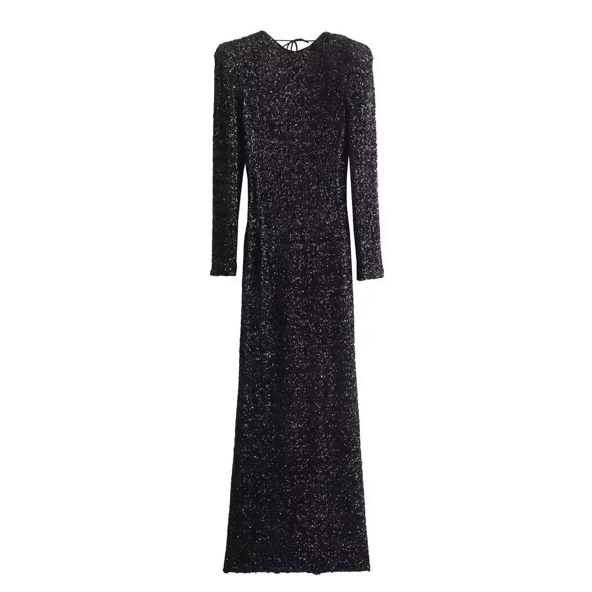 

Women New Fashion With shoulder pads Bead decoration backless Slim Midi Dress Vintage Long Sleeve Female Dresses Vestidos Mujer