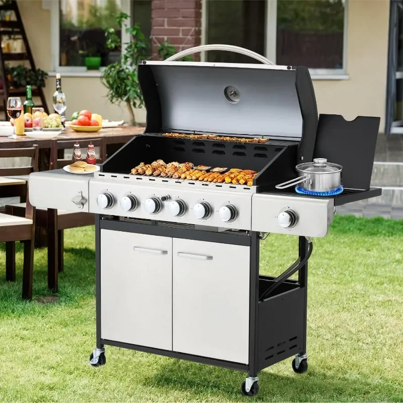 MELLCOM 6 Burner BBQ Propane Gas Grill, 58,000 BTU Stainless Steel Patio Garden Barbecue Grill with Stove and Side Table 6