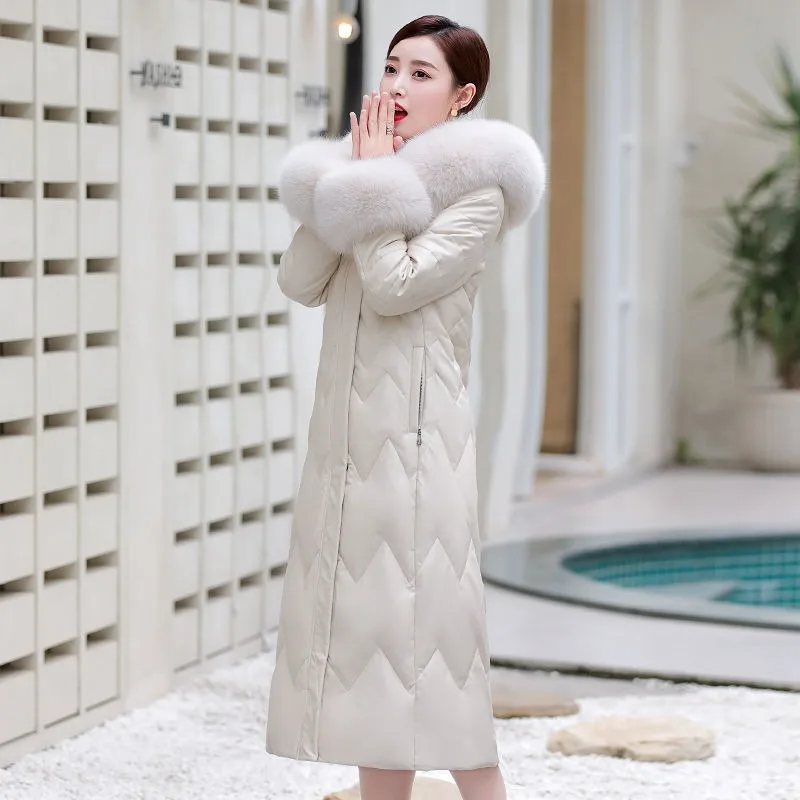 2023 New Woman Haining Imitation Leather Jacket Down Coat Mid-length Thin Sheepskin Fox Fur Collar Hooded Large Overcoat