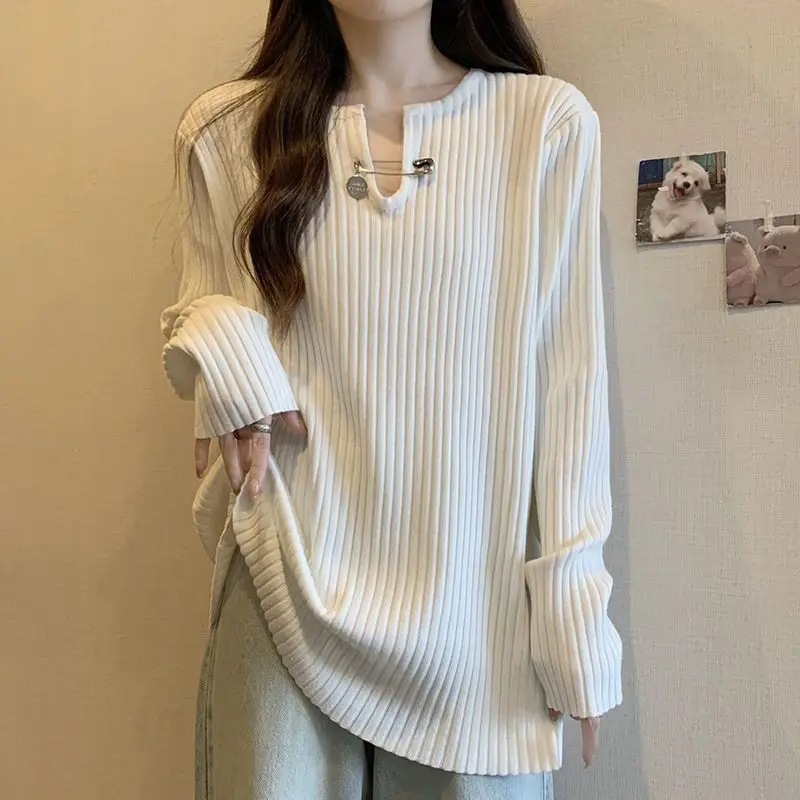 

Oversized Autumn Winter Simplicity Bright Line Decoration Solid Color V-neck Pullovers Female Korean Elasticity Pullover T-Shirt