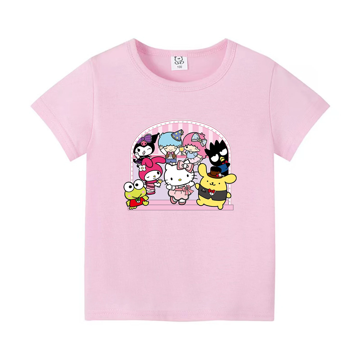 MINISO New Cotton Girls T-Shirts Cartoon Anime Hello Kitty& Friend Print Fashion Streetwear  T Shirt Kids T Shirts Tops Clothing 2