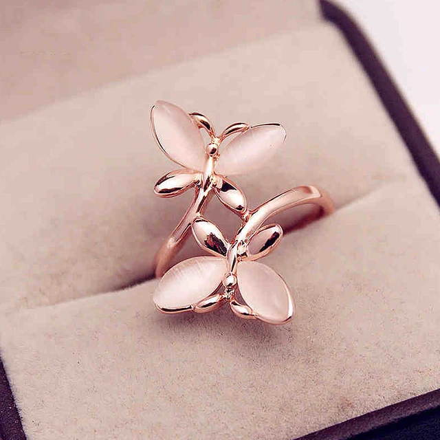 Huitan Fancy Female Finger Rings Rose Gold Color Flower Leaf Design  Aesthetic Women Accessories Adjustable Opening Rings Jewelry - AliExpress
